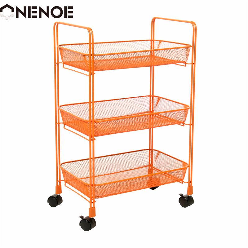 Onenoe Design Modern Metal Mesh 3-Tier Storage Organizer Többfunkciós Utility Rolling Cart Konyha Nagy teljesítményű Erős Atability Trolley tárolókocsi kosarakkal
